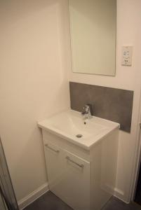 エディンバラにあるKelpies Serviced Apartments - Cameronのバスルーム(白い洗面台、鏡付)