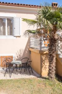 a table and chairs and a palm tree next to a building at Apartment Sv. Marak in Risika