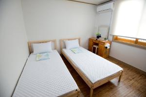 two beds in a small room with a mirror at Jeju Masil Guesthouse in Jeju