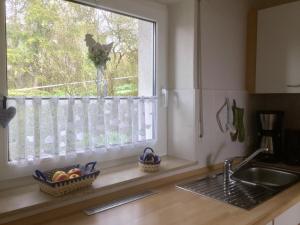 Ferienhaus Moock في هورن-باد ماينبرغ: طاولة مطبخ مع حوض ونافذة