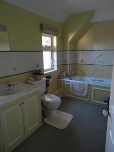 a bathroom with a toilet and a sink and a tub at The Newnham White House in Baldock