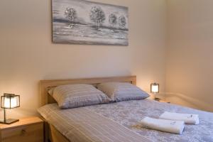 ein Schlafzimmer mit einem Bett mit zwei Kissen darauf in der Unterkunft Go2Krynica - Cicha in Krynica-Zdrój