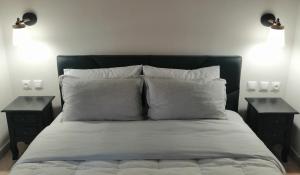 een slaapkamer met een bed met 2 nachtkastjes bij Luxurious Apartment in Veria