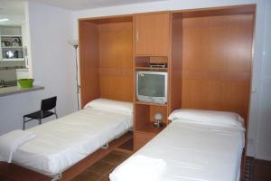 ベニドルムにあるLas Palmeras III- Fincas Arenaのベッド2台とテレビが備わる小さな客室です。