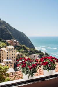 two pots of red flowers sitting on a ledge at Appartamento Giovanna in Riomaggiore