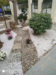 een tuin met rotsen en bloemen voor een gebouw bij Stavros Apartments in Artemida