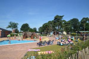un groupe de personnes assises autour d'une piscine dans un parc dans l'établissement Lodge 4 personen camping de Molenhof, à Reutum