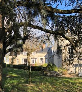 une grande maison blanche avec un arbre au premier plan dans l'établissement Au Bonheur Dupré B&B, à Montoire-sur-le-Loir