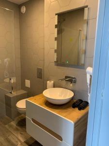 a bathroom with a sink and a toilet and a mirror at Hotel Restaurant Old Bridge in Amsterdam