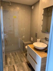 La salle de bains est pourvue d'un lavabo, de toilettes et d'une douche. dans l'établissement Hotel Restaurant Old Bridge, à Amsterdam