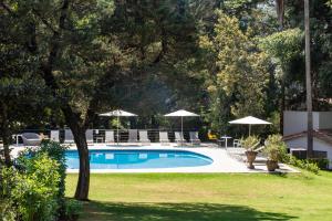 a pool with chairs and umbrellas in a yard at Hotel Boutique Unico Avandaro in Valle de Bravo