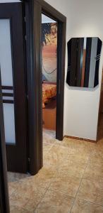 a room with a tv and a door with a mirror at Apartament Belvedere in Olimp