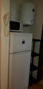 a microwave sitting on top of a refrigerator at Apartament Belvedere in Olimp