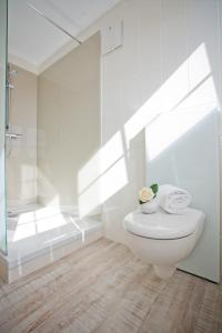 a white bathroom with a toilet and a shower at Boutiquehotel Myn Utspann in Husum