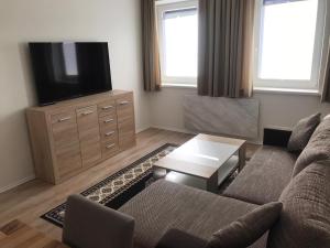 ein Wohnzimmer mit einem Sofa und einem Flachbild-TV in der Unterkunft Ferienwohnung An der alten Weed in Bad Windsheim