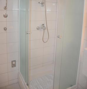 a shower with a glass door in a bathroom at Downtown Sweet Studio in Novalja