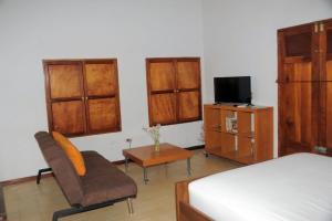 a bedroom with a bed and a chair and a tv at apartamentos Casa Amarilla in Granada