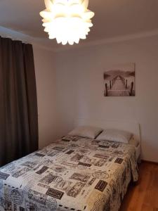 Schlafzimmer mit einem Bett und einem Kronleuchter in der Unterkunft Karoso Apartment in Klaipėda