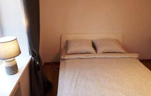 ein Bett mit zwei Kissen auf einem Zimmer in der Unterkunft Karoso Apartment in Klaipėda