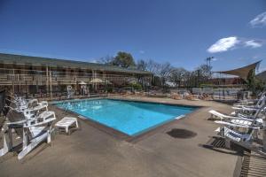 a large swimming pool with chairs and a building at The Guest Lodge Gainesville in Gainesville
