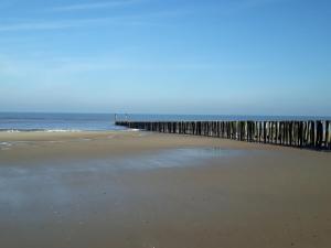 a view of the beach with a pier in the water at de Paardekracht in Serooskerke