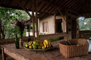 a bowl of fruit on a table in front of a house at Eco Hotel El Columpio in Salento
