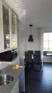 uma cozinha com um lavatório e uma mesa com cadeiras em Augustinushof 13 em Vrouwenpolder