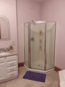 a bathroom with a shower and a sink at Inn Port D'Vino in Dayton