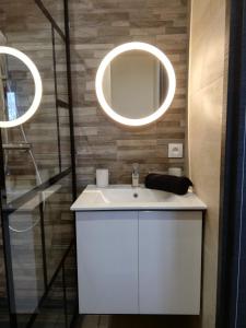 ein Badezimmer mit einem weißen Waschbecken und einem Spiegel in der Unterkunft Appartement Cosy proche Météo France et Airbus in Toulouse