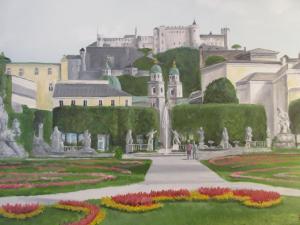 a painting of a garden with a castle in the background at Home Apartments in Salzburg