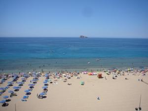 tłum ludzi na plaży z parasolami i oceanem w obiekcie Carolina - Fincas Arena w mieście Benidorm