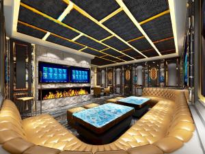 a rendering of a poker room with couches and a fireplace at Foshan Taohuayuan Boutique Motel in Foshan
