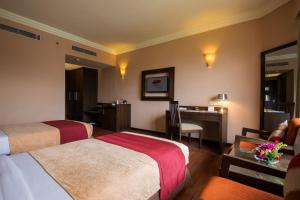 
a hotel room with a bed, desk, and television at Hotel Pokhara Grande in Pokhara
