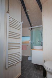 bagno con doccia, lavandino e servizi igienici di Dobberhuisje a Nieuwkoop