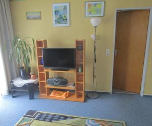a living room with a tv and a shelf with a television at Gästehaus Moleblick in Uhldingen-Mühlhofen +18 photos