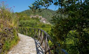 un puente de madera sobre una colina con un pueblo a lo lejos en Villa Teresa, en Santa Teresa di Riva