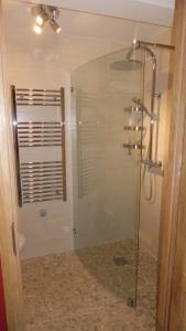 a bathroom with a shower with a glass door at Chalet Morville in Vénosc