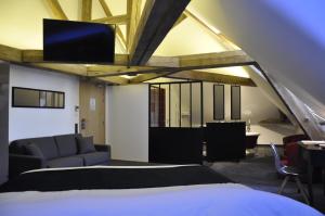 a bedroom with a bed and a tv on the ceiling at Les Tonnelles in Bar-sur-Seine