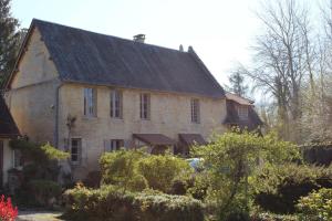 uma antiga casa de pedra com um telhado preto em Le vieux moulin em Thaon