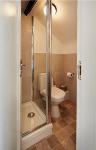 a bathroom with a toilet and a glass shower door at White Horse Farm Inn in Pickering