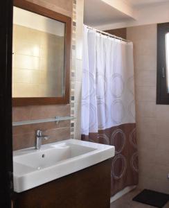 a bathroom with a sink and a shower curtain at Patras Roof apartment in Agios Georgios Pagon