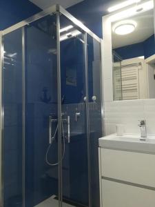 a bathroom with a glass shower and a sink at Apartament na Wzgórzu in Mechelinki