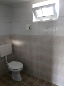 a bathroom with a toilet and a skylight at Bungalows Zdravets in Berkovitsa