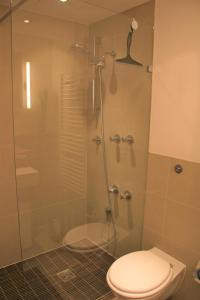 a bathroom with a glass shower with a toilet at Strandappartement 715 im Plaza Premium Hotel in Timmendorfer Strand