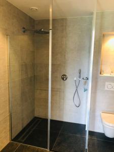 a shower with a glass door in a bathroom at Vakantie Appartementen De Bonte Kraai in Raamsdonk +34 photos