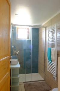 Un baño con ducha de cristal y lavabo. en Chez la Nonna, en Saint-Jean-le-Centenier