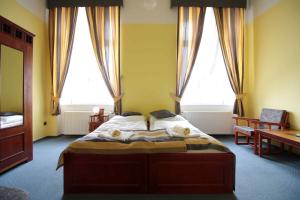 1 dormitorio con 1 cama frente a 2 ventanas en Hotel Nobys en Nová Bystřice