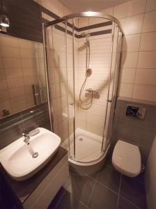 ein Bad mit einer Dusche, einem Waschbecken und einem WC in der Unterkunft Blue Mare przy Promenadzie in Kołobrzeg