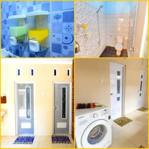 quattro immagini diverse di un bagno con lavatrice di nDalem Eyang Dwijo a Yogyakarta