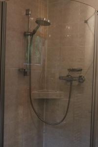 La salle de bains est pourvue d'une douche avec une porte en verre. dans l'établissement Haus Anni, à Lochau